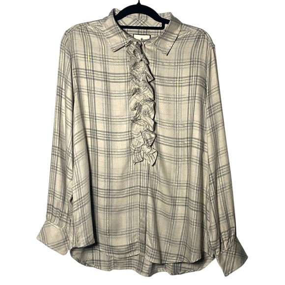 Tuckernuck Tops - Tuckernuck Ruffle Blouse NWT Women’s XXL Tan Plaid Long Sleeve Collared Shirt